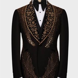 Men's Gold Embellished Tuxedo Suit + Bowtie – Slim Fit Jacket, Vest and Tailored Pants
